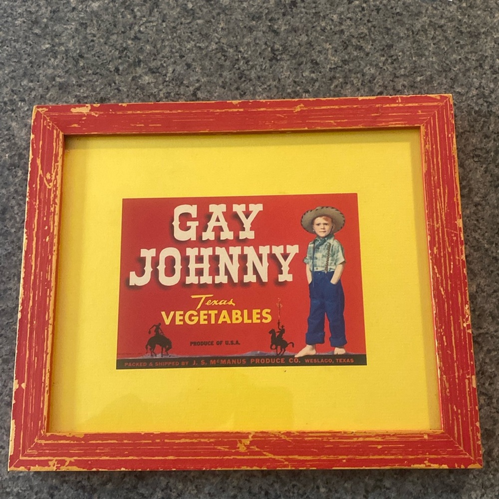GAY JOHNNY Texas Vegetables LABEL PRINT framed ART WORK wall RUSTIC vintage EC